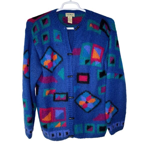 Vintage LL Bean Women's Medium Sweater Cardigan Wool Mohair Geometric Blue 90s - Picture 1 of 5